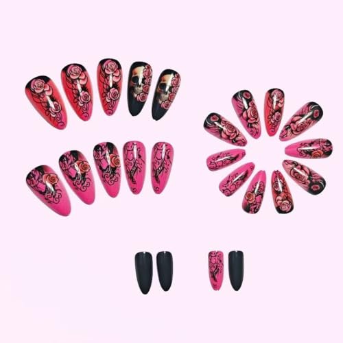 Halloween Press On Nails Medium Almond Skull Flower Floral Design 24Pcs - Black Pink