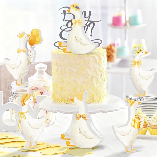 Wooden Silly Goose Tabletop Decor Set - Pink Bow for 1st Birthday Party (Yellow Variation)