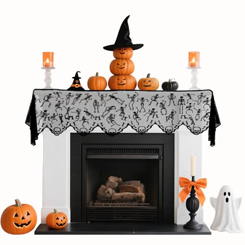 Halloween Skeleton Mantle Scarf - Black Lace Fireplace Cover with Embroidered Skull - 79 x 20 Inch - Skeleton Variation