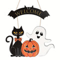 Wooden Halloween Welcome Sign - Indoor & Outdoor Decor with Pumpkin Ghost Black Cat Motifs