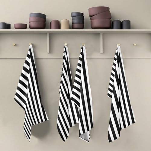 Stripe Kitchen Towels 4 Pack - White & Black Dishcloths, 18x28 Inches, Absorbent & Quick Dry