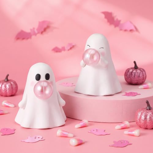 Halloween Ghost Figurines Set of 2 - Cute Ceramic Bubble Gum Ghost Statues - White Variation