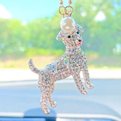White Sparkling Dog Car Mirror Hanging Ornament with Pearl Chain - Bling Rearview Mirror Accessory