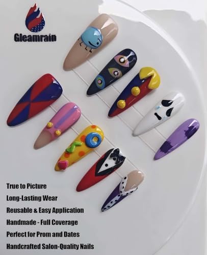 Gleamrain Long Stiletto Almond Press-On Nails - Design Color 814, 10Pcs, M Size
