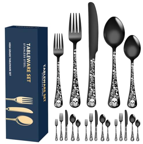 Halloween Skeleton Skull Silverware Set for 4 - Black Flatware Cutlery