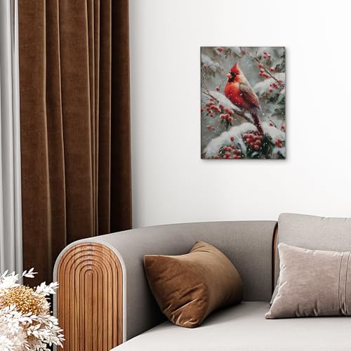 Winter Cardinal Canvas Wall Art - Vintage Christmas Scene 11x14 Inch