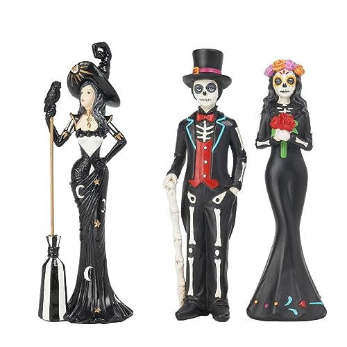 Halloween Fairyland Witch & Sugar Skull Couple Figurines - Dia De Los Muertos Decor