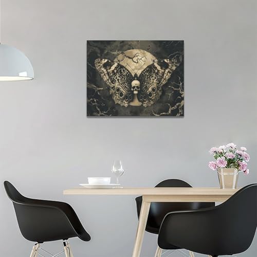 Gothic Skull Wall Art Canvas - Spooky Skeleton Butterfly Decor 16x12 Inch - Halloween Home Artwork