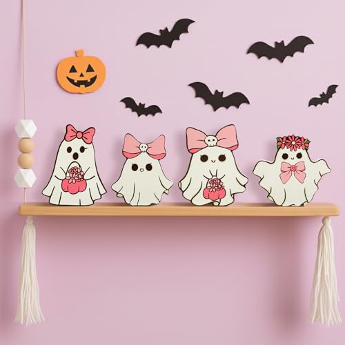 Pink Halloween Ghost Table Decorations - Coquette Bows Ghost - 4 Pcs Wooden Figurines for Home & Party