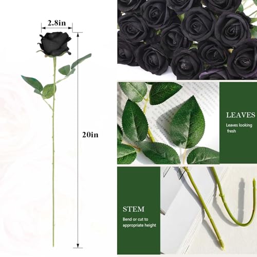 Black Artificial Roses Bulk 60 Long-Stem Silk Flowers for Decoration