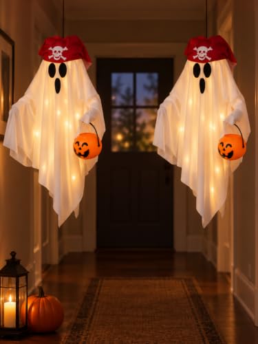 White Light Up Pirate Ghost Halloween Decorations - 2 Pack Hanging Porch Decor