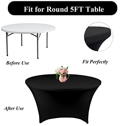 8 Pack 5FT Black Spandex Round Tablecloths - Fitted Stretchable Cover for Wedding & Events