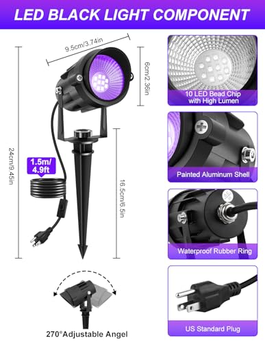 2 Pack Outdoor Black Light Spotlights Waterproof LED Landscape Lighting for Halloween & Party