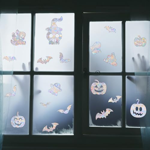 Halloween Laser Window Clings Decal - Double-Sided Ghost Bat Pumpkin Pattern, Style 2, 20 Pcs