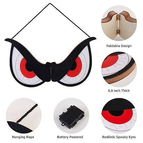 Halloween Spooky Eye Lights - Red Eyeballs, 20-Inch Wooden Window Decor with 7 Color Modes, USB & Battery Operated