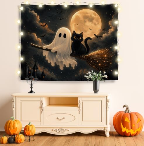 Halloween Ghost Black Cat Tapestry - Night Sky Wall Decor 50x60 - Moonlit Broom Ghost Cat Variant