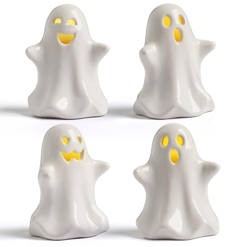 Halloween Ghost Decor Set Light Up LED Ceramic Ghosts 4 Pack - 3 Inch