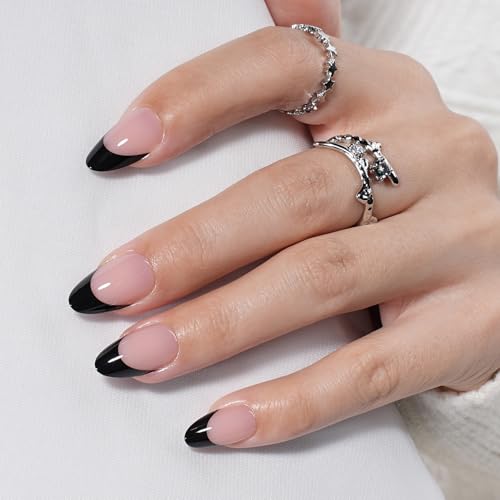 Black French Tip Press On Nails - Short Almond Fake Nails with 7A Variation