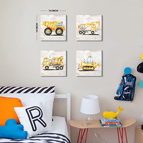 Kids Construction Truck Wall Art Set - 14x14 Inches for Boys Room Decor