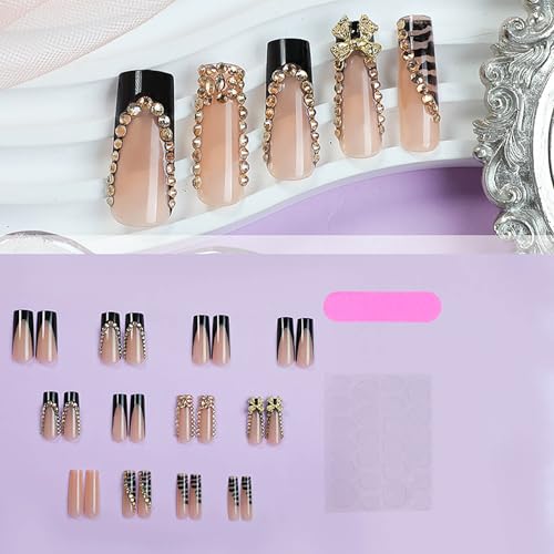 Extra Long Square Press-On Nails with Gold Bow & Rhinestones - Black French Tip - Hearts 2 Variation