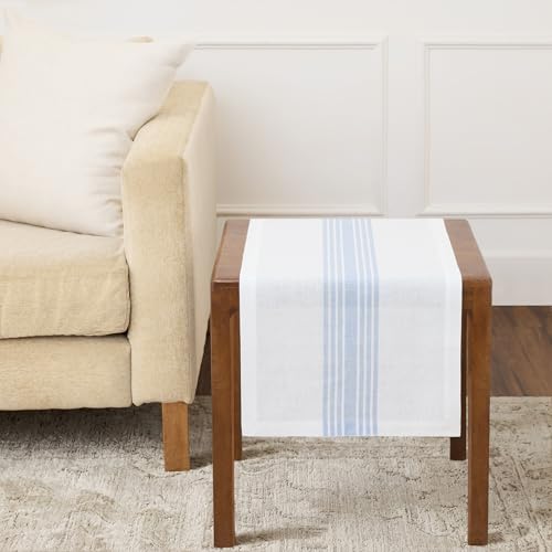 Pure Linen Table Runner Dusty Blue & White Stripe 14x36 Inches - Farmhouse Decor