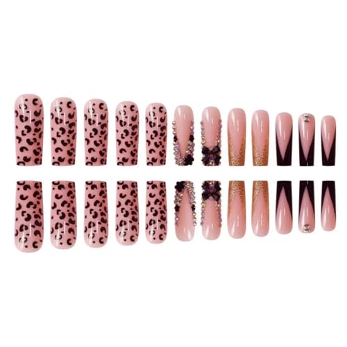 Long Press-On Nails with Bow Design - Black French Tips & Rhinestones, 24 Pcs - Variation: Black Bow