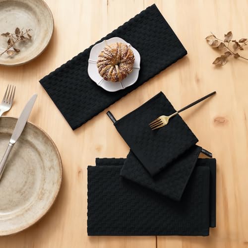 Homaxy Black 8-Piece Cotton Kitchen Towels and Dishcloth Set - Soft & Absorbent
