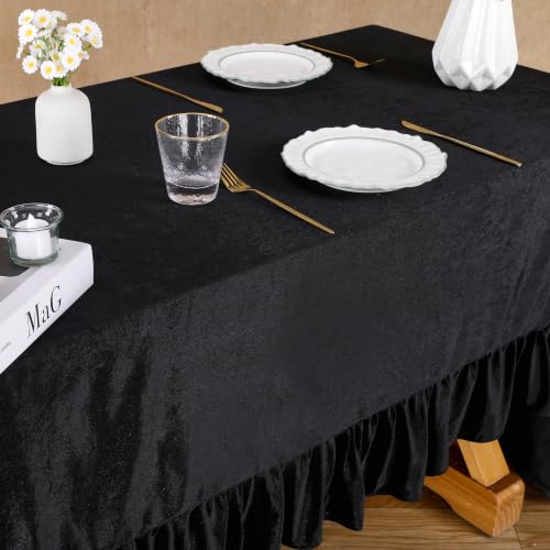Rectangular Velvet Tablecloth 60x120 Inches - Black, Ruffled, Elegant Party Decor
