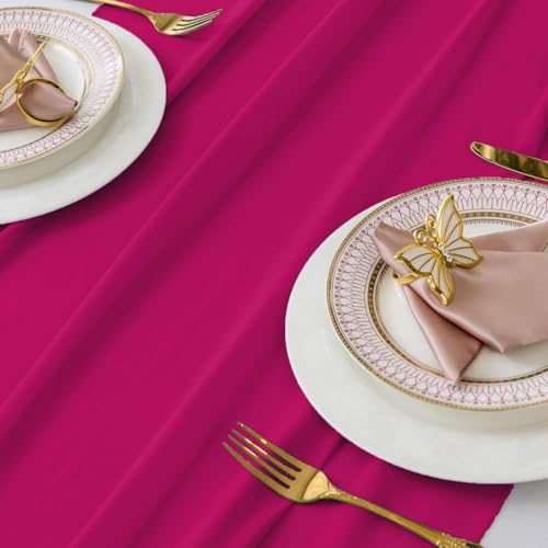 10ft Long Magenta Chiffon Table Runner Set of 12 with Satin Ribbon Ties for Weddings