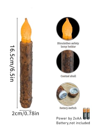 6.5-Inch Real Wax Primitive Battery-Operated Taper Candles - Rustic Farmhouse Decor