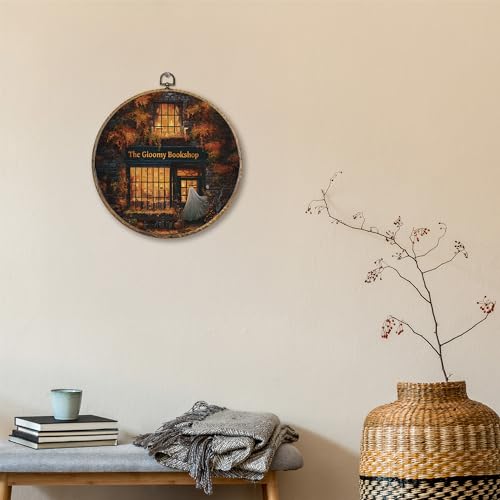 Halloween Ghost Wall Art Decor for Bookstore - 10x10 Inch Round Canvas Print - Spooky Library Wall Hanging