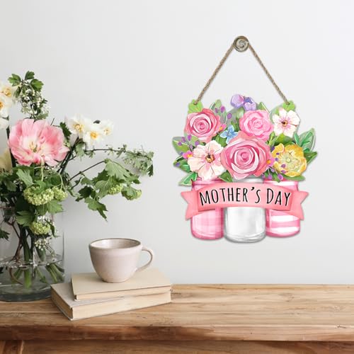 Pink Rose Mason Jar Wooden Front Door Sign - Mother's Day Floral Decor - Rose Variation