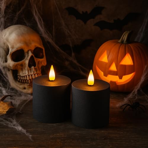 Black Flameless Flickering Candles Set of 2 3x3 inches with Remote & Timer - Gothic Decor