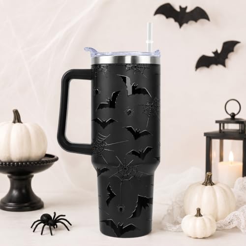 Halloween 5D Bat & Spider Web Tumbler 40 oz with Handle, Lid & Straw - Horror Drinkware