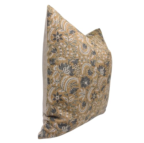 Mustard Block Print Linen Pillow Cover 16x16 Throw Cushion with Zipper