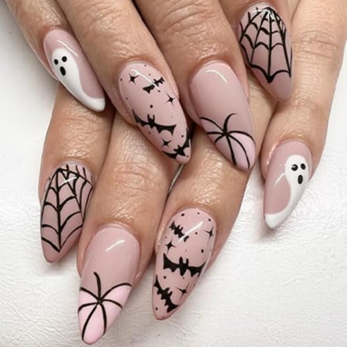Halloween Press On Nails Long Stiletto Pink Fake Nails with Ghost and Spider Web Design - Variation Color43
