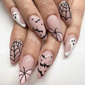 Halloween Press On Nails Long Stiletto Pink Fake Nails with Ghost and Spider Web Design - Variation Color43