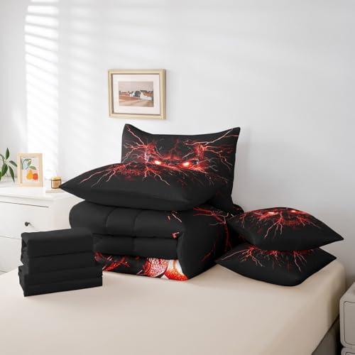 Black Red Gothic Bed in a Bag King Comforter Set 7 Pieces Halloween Skeleton