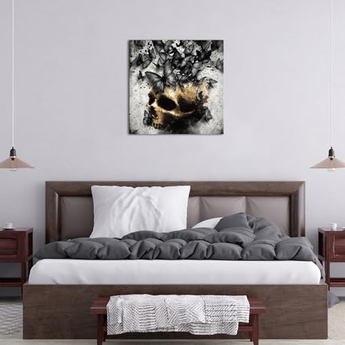 Grey Skull Wall Art with Butterfly - Gothic Room Decor 24x24 Inch Frame