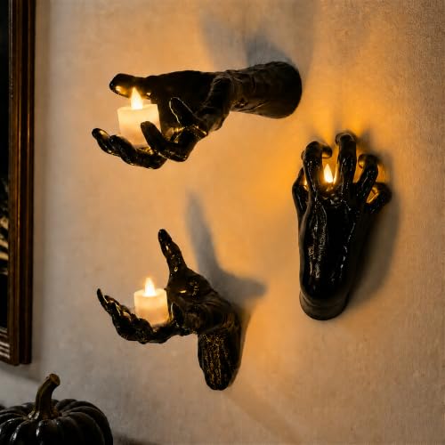 Life-Sized Creepy Reaching Hands with Lighted Candles Halloween Decor & Gothic Wall Art Set