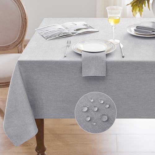 Light Grey Extra Long Rectangular Faux Linen Tablecloth 60x144 Inch Waterproof & Wrinkle-Resistant for Outdoor & Indoor Use