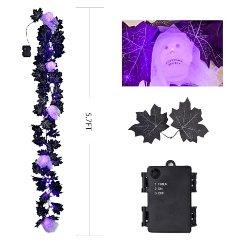 Halloween Black Maple Garland with Purple LED Lights Skeleton & Skull - Veiled Ghost Cobweb Maple
