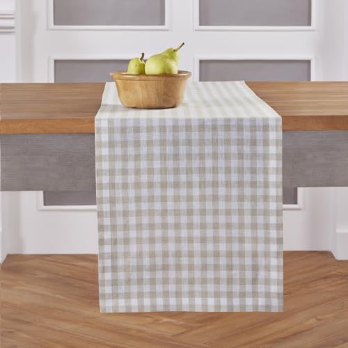 Linen Table Runner Natural Gingham Check 14 x 108 Inches - Handcrafted, Machine Washable