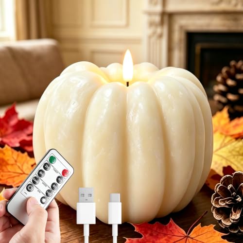 Rechargeable Flameless Pumpkin Candle - 300 Hour Flickering Fall Decor - White, 1 PC