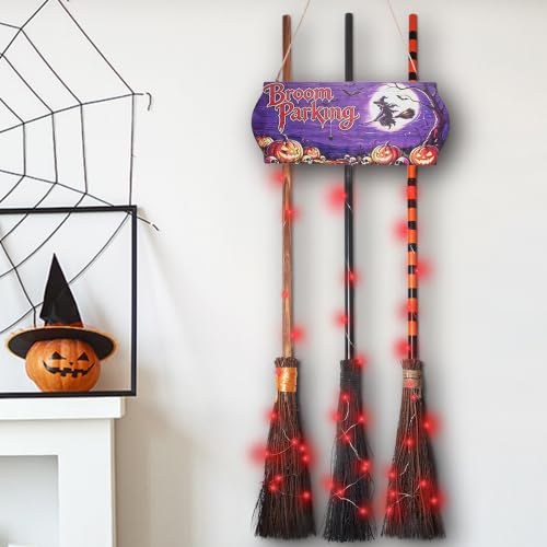 Halloween Wall Decor Broom Parking Sign with 3 Witch Brooms - Spooky Outdoor Indoor Halloween Decoration