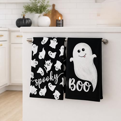 Halloween Black Ghost Kitchen Towels Set of 2 18x26 Inch Boo Decor Dish Hand Towels