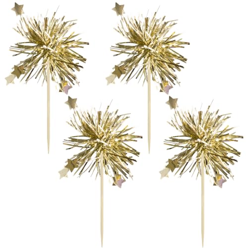 Foil Firework Cupcake Toppers - Light Gold Star Party Decoration 30Pcs