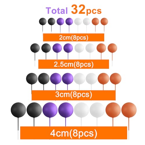 Halloween Cake Decorations Ball Toppers Set - Orange, Black, Purple, 32 pcs