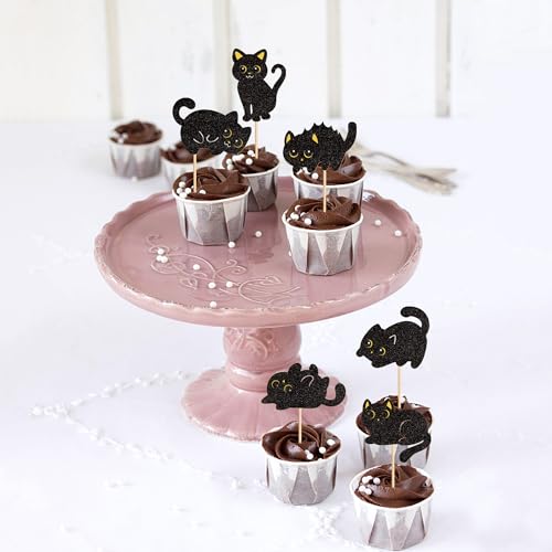 Cat Cupcake Toppers Black Glitter Silhouette 24Pcs - Variation Cat-3