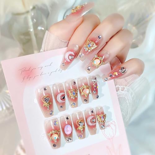 Long Coffin Pink 3D Design Fake Nails - Glossy Full Cover Press-On Nails for Women, 24 Pieces